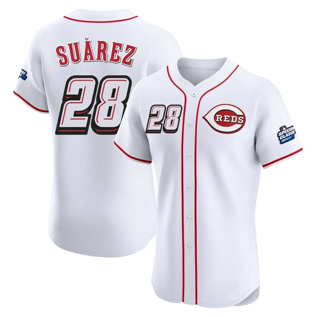 Boles C.Reds #28 Eugenio Su¨¢rez Player White Speedway Classic Limited Elite Home Stitched Jerseys