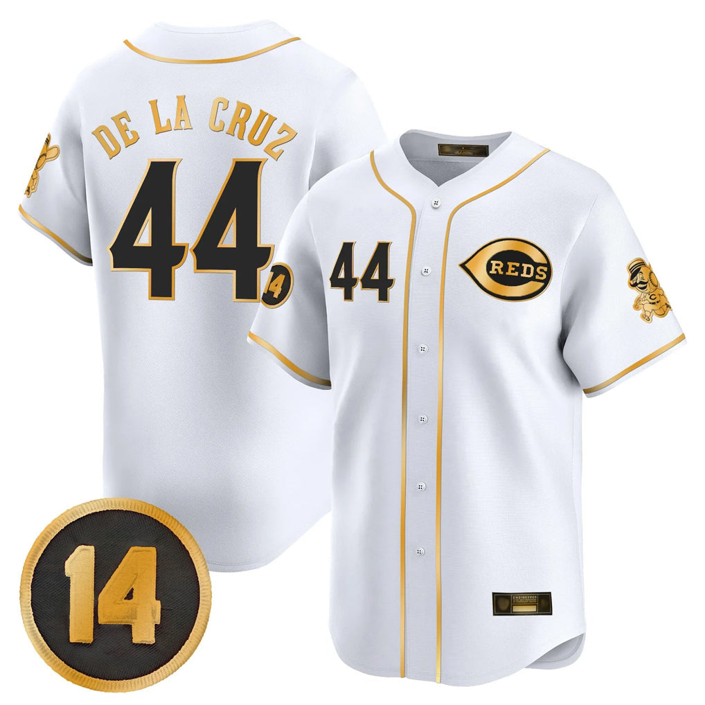 Boles C.Reds #44 Elly De La Cruz Player White-Gold Vapor Premier Limited Home Stitched Jerseys