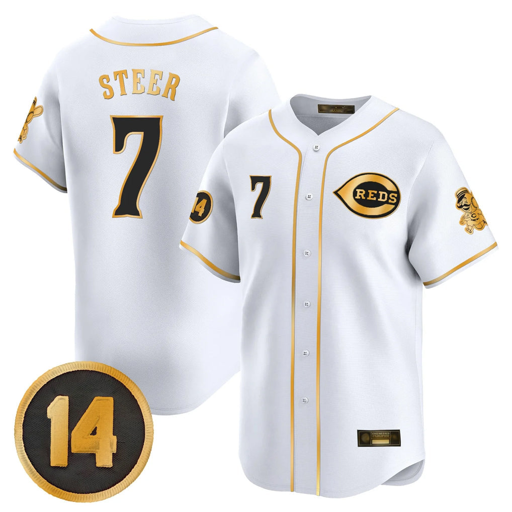 Boles C.Reds #7 Spencer Steer Player White-Gold Vapor Premier Limited Home Stitched Jerseys