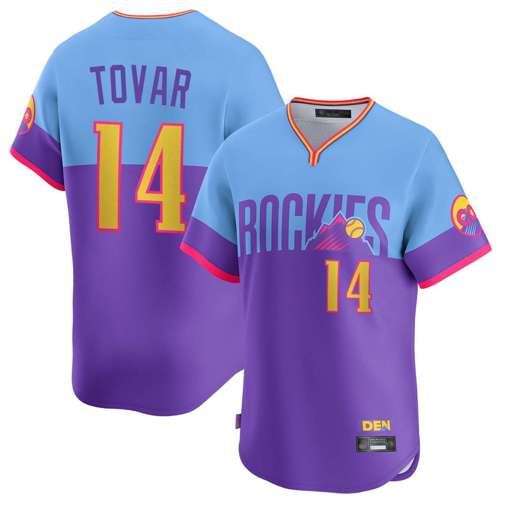 Boles C.Rockies #14 Ezequiel Tovar Player Purple-Light Blue City Connect Limited Home T-shirt Stitched Jerseys