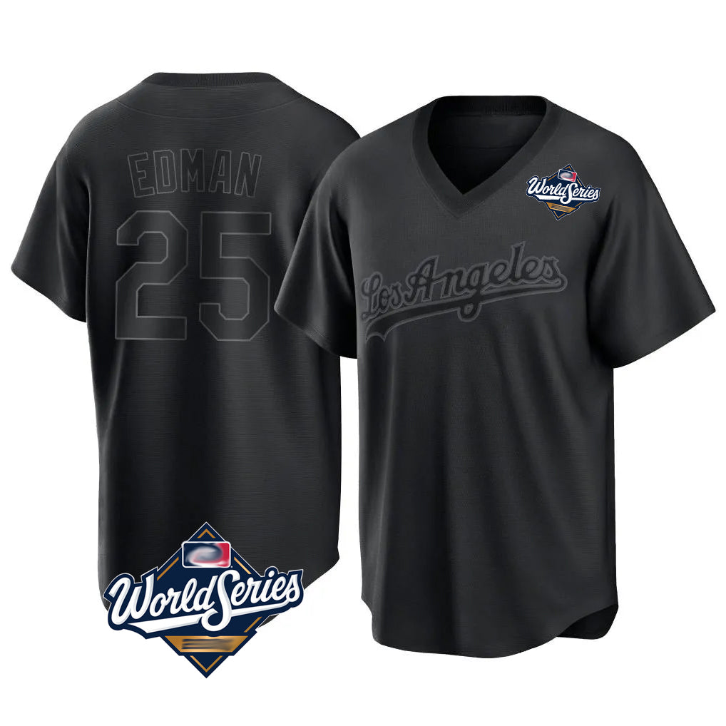 Boles LA.Dodgers #25 Tommy Edman Player Black World Series Pitch Fashion T-shirt Stitched Jerseys