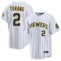 Boles M.Brewers #2 Brice Turang Player White Stripes Home Limited Game Stitched Jerseys