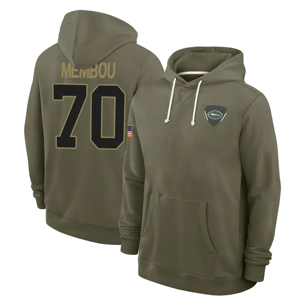 Boles NY.Jets #70 Armand Membou Player Olive Salute to Service Pullover Hoodies Limited Stitched Jerseys
