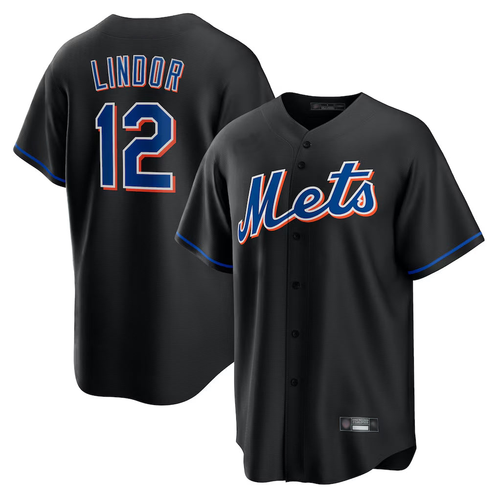 Boles NY.Mets #12 Francisco Lindor Player Black Replica Home Game Stitched Jerseys