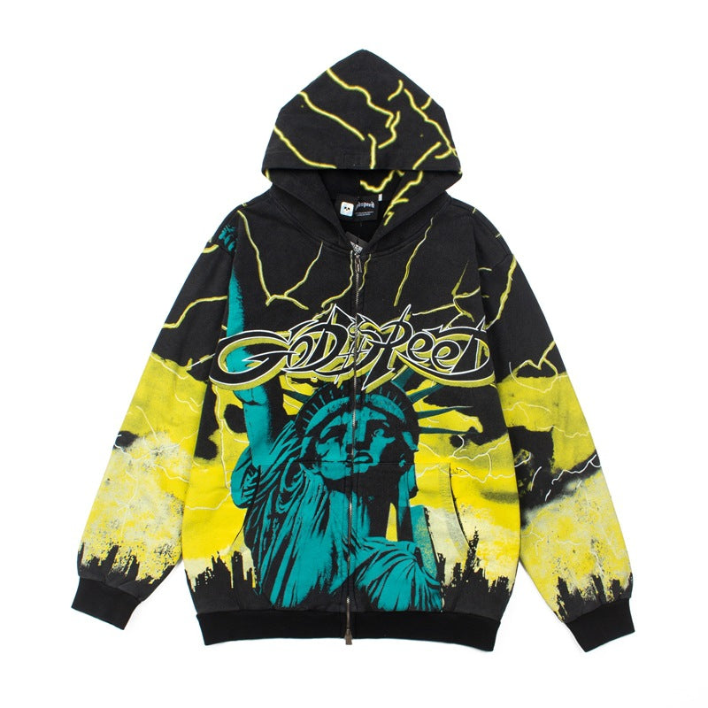 2026 American Street Style Statue of Liberty Print Terry hoodie