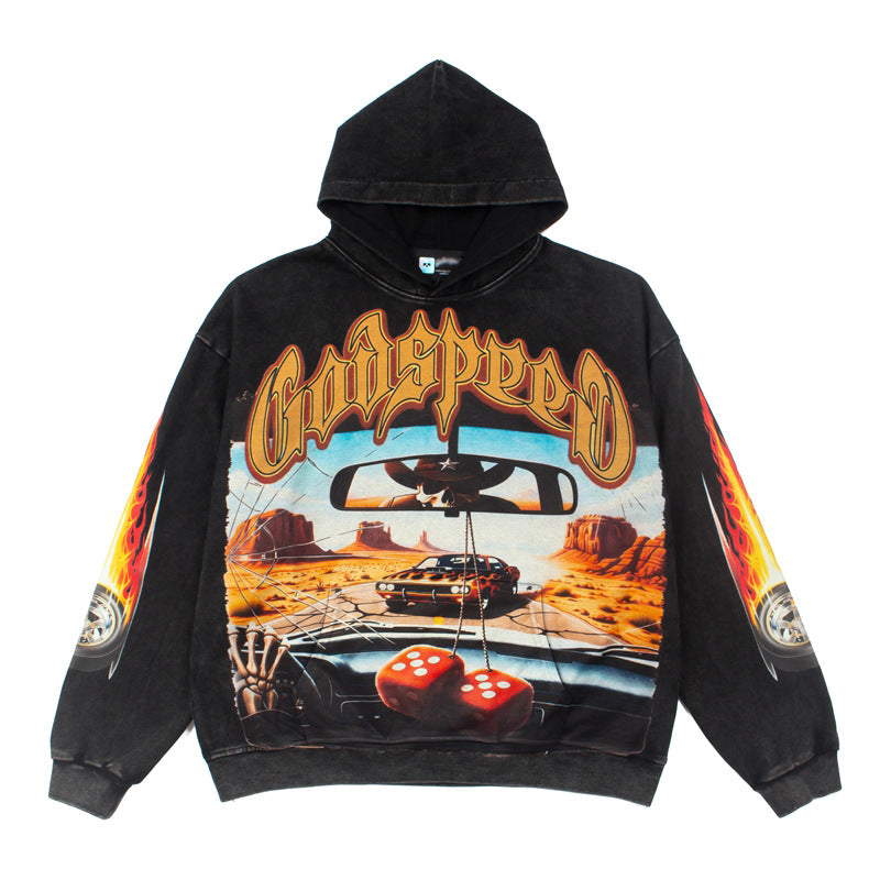 2026  American Style New Skull Racing Car Retro Print hoodie
