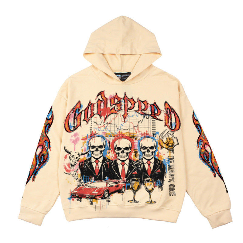 2026   American Trader Skull Print Retro Washed Hoodie