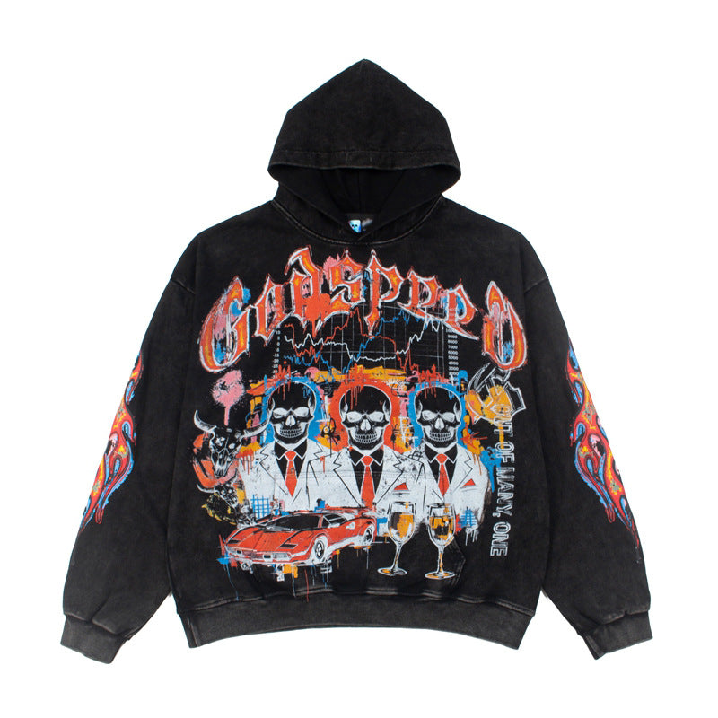 2026   American Trader Skull Print Retro Washed Hoodie