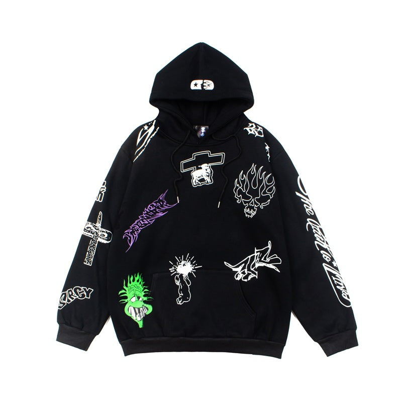 2026 American High Street Hell Graffiti Letter Cartoon hoodie