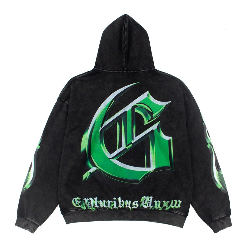 2026 American street rock retro TV print washed distressed hoodie