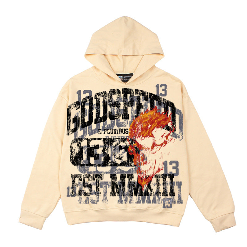 2026 American-style Flame Skull Print Unisex Loose Fit Summer Washed hoodie