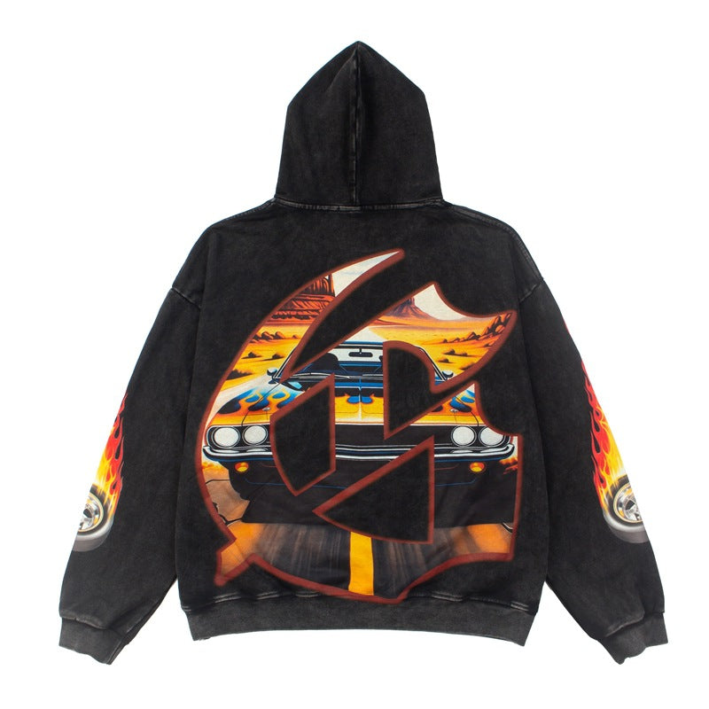 2026  American Style New Skull Racing Car Retro Print hoodie