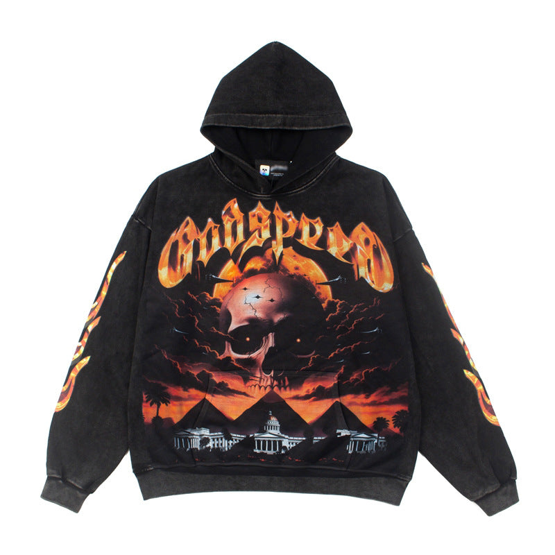 2026  American Street Style Retro Cloud Top Skull Washed hoodie