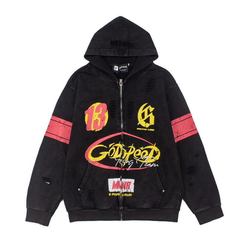 2026   Cross-border American High Street Distressed Washed Retro Loose Hoodie