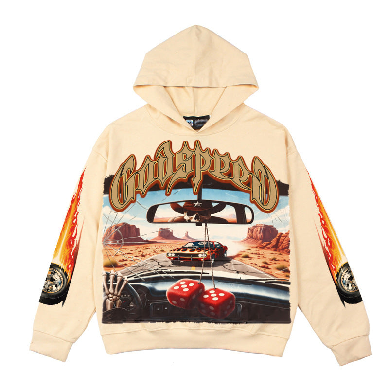 2026  American Style New Skull Racing Car Retro Print hoodie