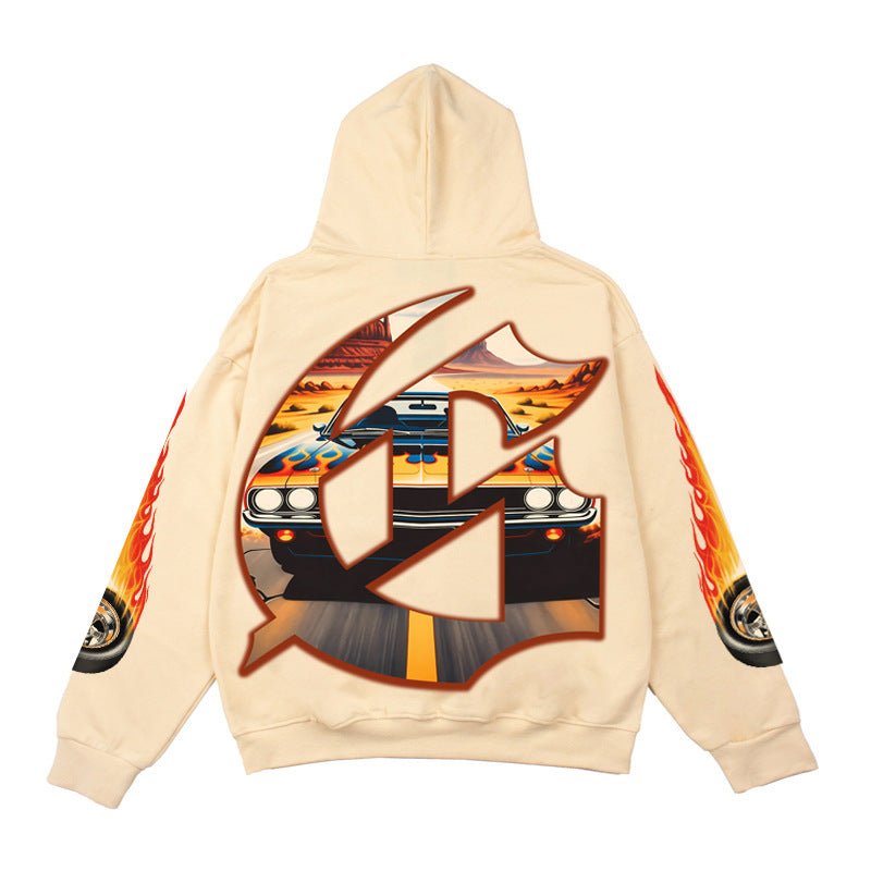 2026  American Style New Skull Racing Car Retro Print hoodie