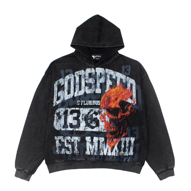2026 American-style Flame Skull Print Unisex Loose Fit Summer Washed hoodie