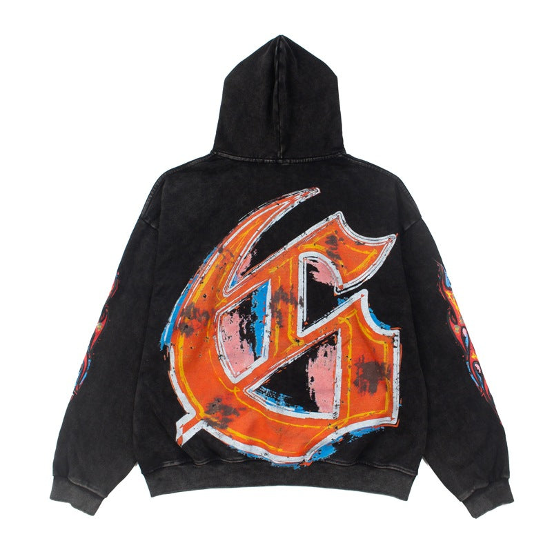 2026   American Trader Skull Print Retro Washed Hoodie