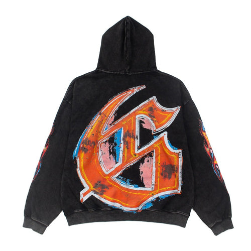 2026   American Trader Skull Print Retro Washed Hoodie