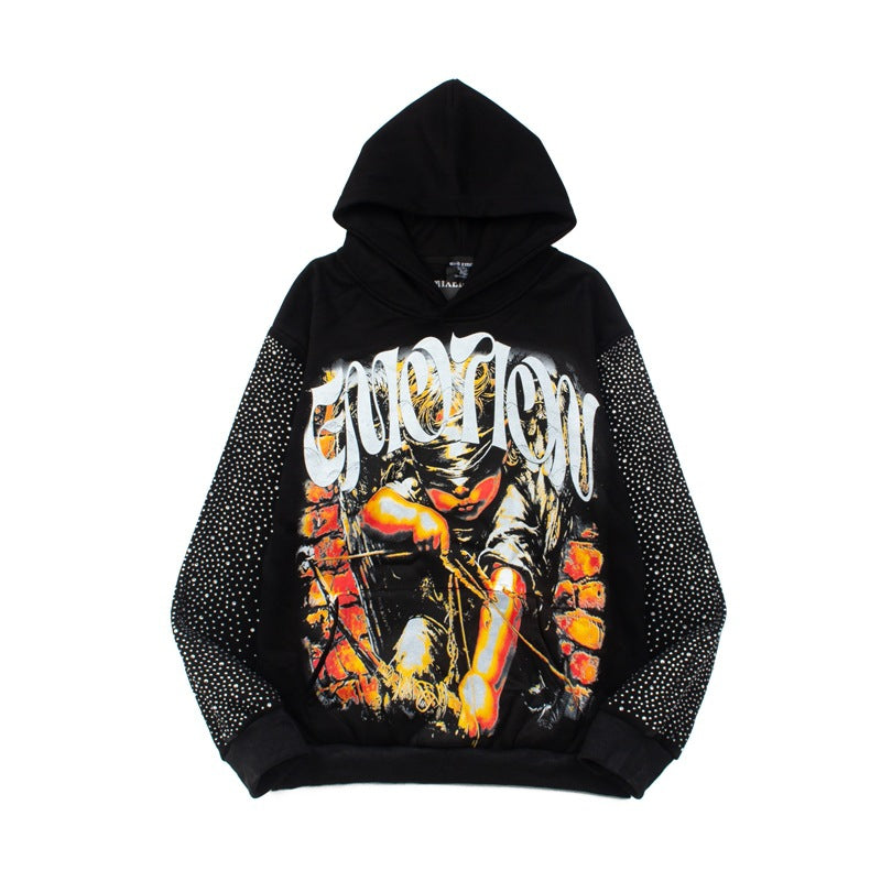 2026  New American Street Style Hoodie with Lettering and Rhinestone Hoodie
