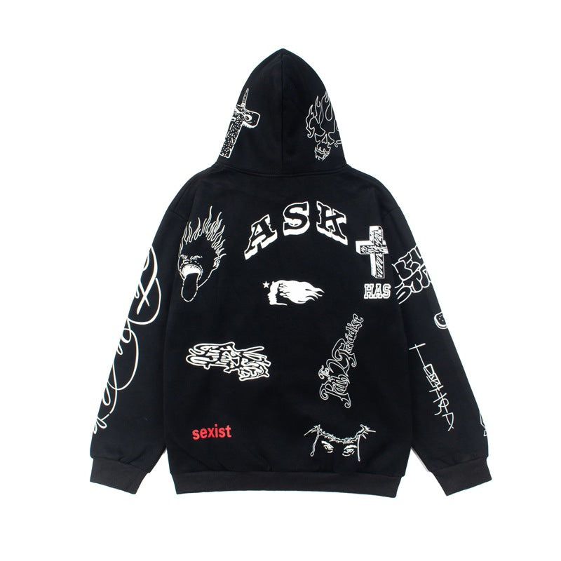 2026 American High Street Hell Graffiti Letter Cartoon hoodie