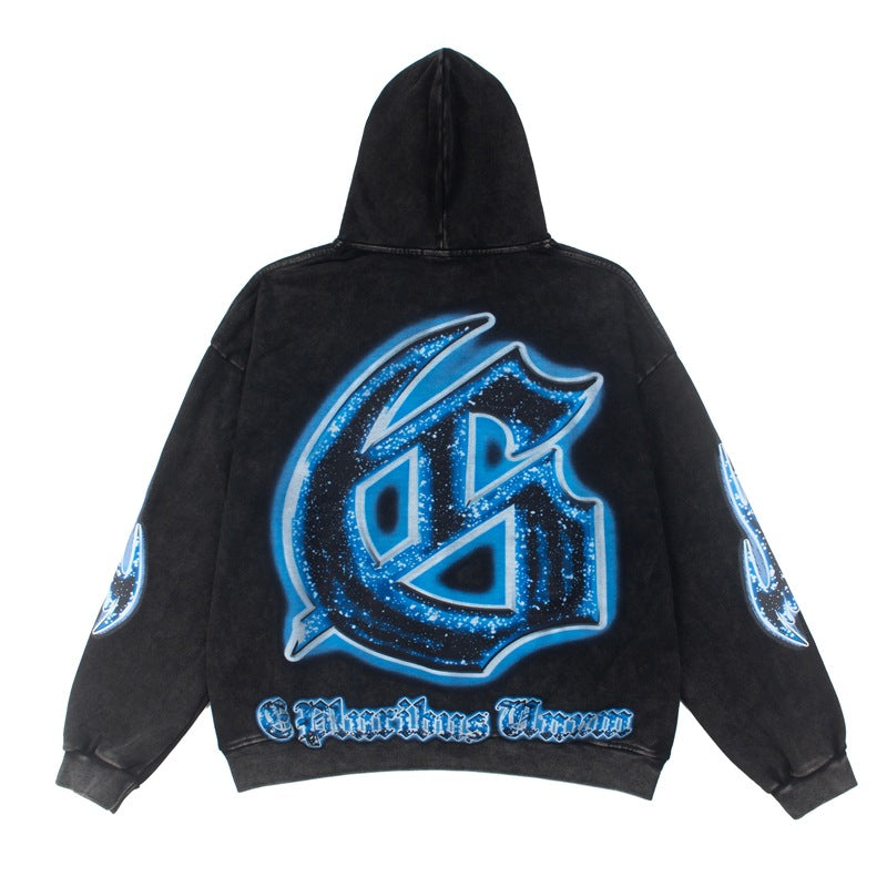 2026 American high street style new retro washed heavy metal hoodie