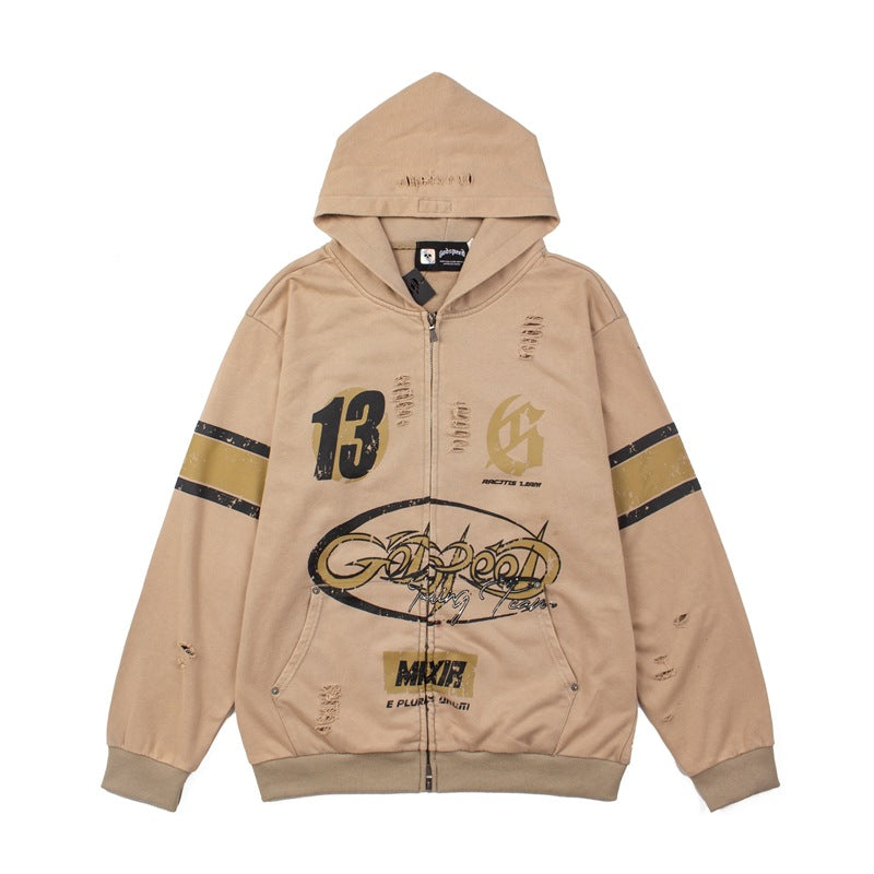 2026   Cross-border American High Street Distressed Washed Retro Loose Hoodie