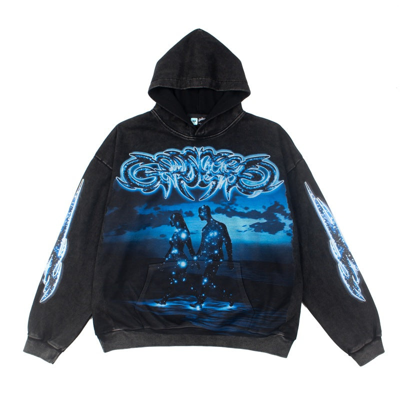 2026 American high street style new retro washed heavy metal hoodie