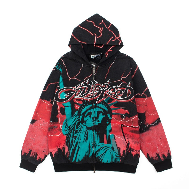 2026 American Street Style Statue of Liberty Print Terry hoodie