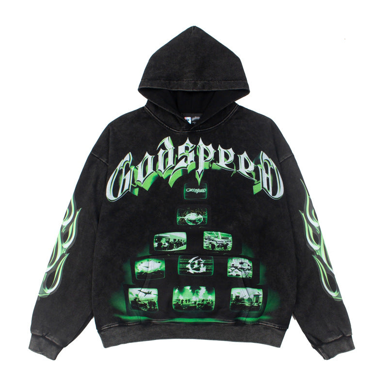 2026 American street rock retro TV print washed distressed hoodie