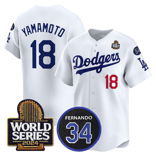 Boles Los Angeles Dodgers #18 Yoshinobu Yamamoto White  2024 World Series With Fernando Memorial Patch Limited Stitched Jersey