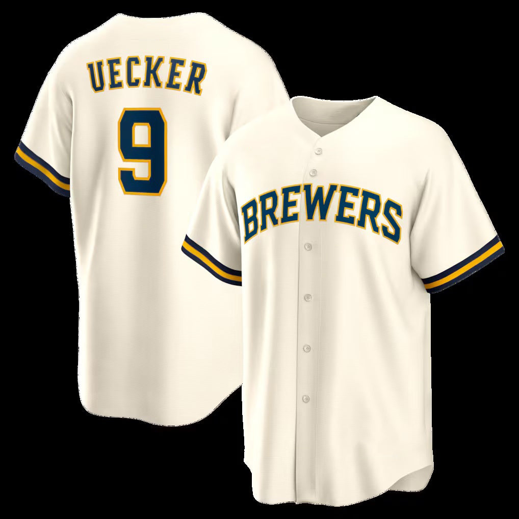 Boles    Milwaukee Brewers #9 Bob Uecker Cream  Home Retired Player Replica Jersey