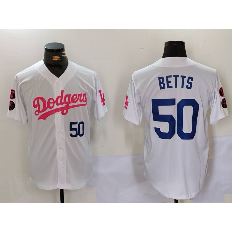 Boles Los Angeles Dodgers #50 Mookie Betts White Pink  Vin & Kobe Patch Stitched Jerseys