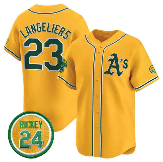 Boles  Oakland Athletics  #23 Shea Langeliers Yellow  2024 Limited With Rickey Henderson Patch Stitched Jersey