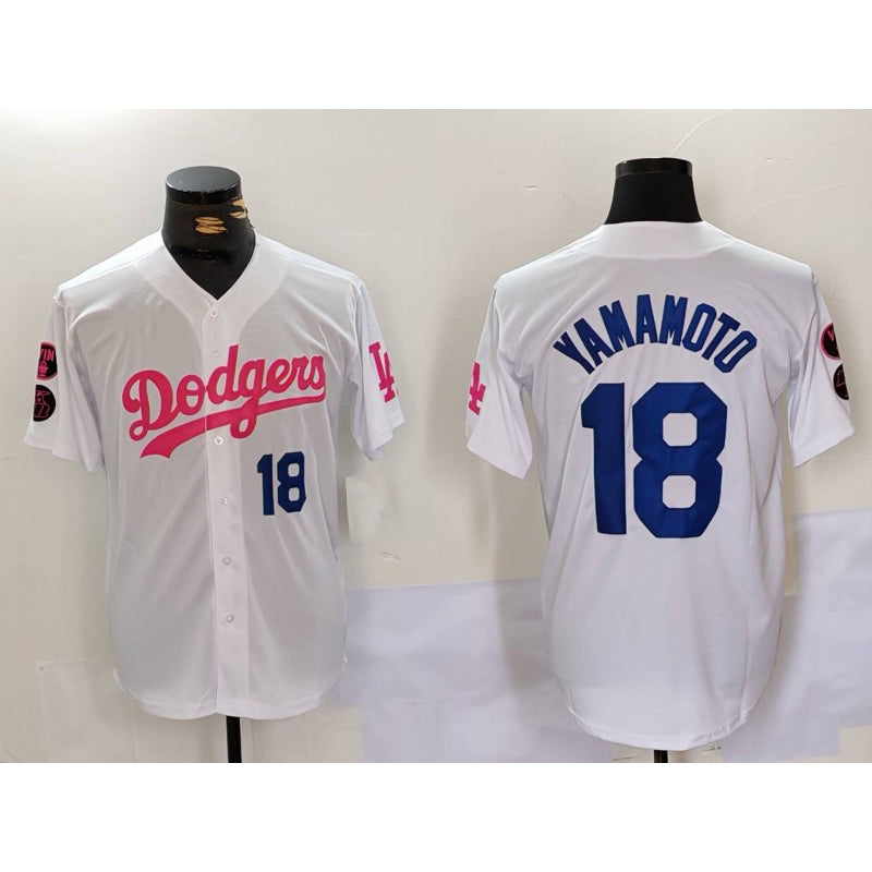 Boles Los Angeles Dodgers #18 Yoshinobu Yamamoto White Pink  Vin & Kobe Patch Stitched Jersey 2