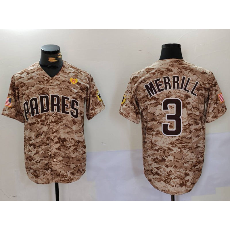 Boles  San Diego Padres #3 Jackson Merrill Camo  With PS Patch Cool Base Stitched Jersey