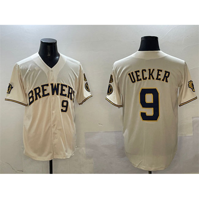Boles    Milwaukee Brewers #9 Bob Uecker Cream  With Home Patch Limited Stitched Baseball Jersey