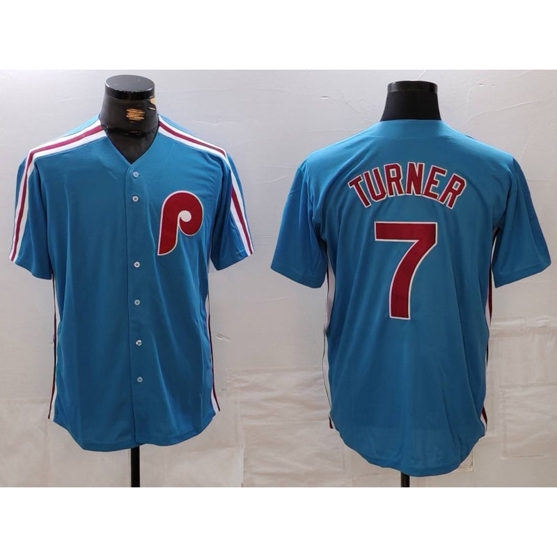 Boles  Philadelphia Phillies #7 Trea Turner Blue  Cooperstown Throwback Cool Base Jersey