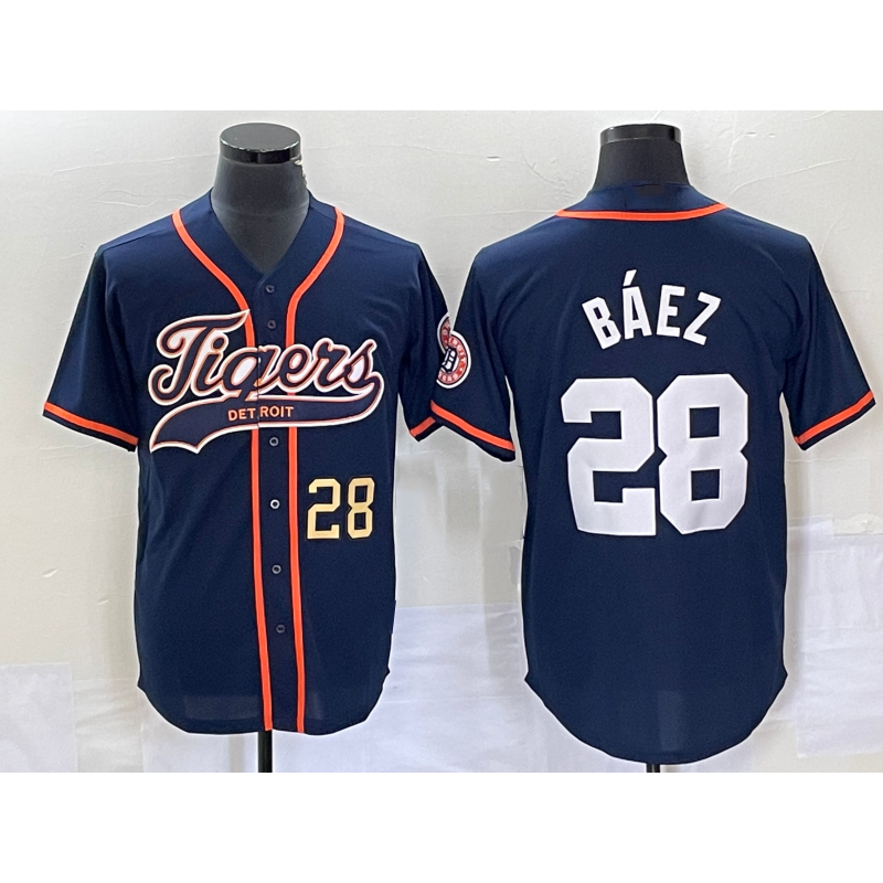 Boles Detroit Tigers #28 Javier Baez Number Navy Blue  Cool Base Stitched Jersey