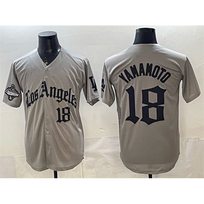 Boles Los Angeles Dodgers #18 Yoshinobu Yamamoto Grey  LA Gothic Style With 2025 World Series Champions Patch Limited Stitched Jersey