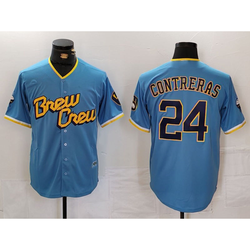 Boles    Milwaukee Brewers #24 William Contreras Blue  2022 City Connect Cool Base Stitched Jersey