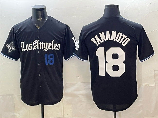 Boles Los Angeles Dodgers #18 Yoshinobu Yamamoto Black  2025 World Series Champions Patch 'Gothic Edition' Vapor Premier Limited Stitched Jersey