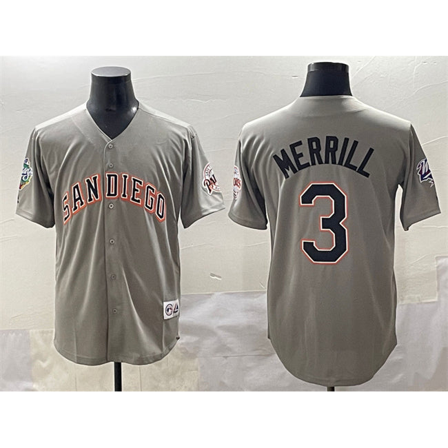 Boles  San Diego Padres #3 Jackson Merrill Gray  Fashion Throwback With Patch Cool Base Stitched Jersey