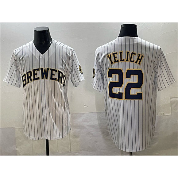 Boles    Milwaukee Brewers #22 Christian Yelich White  Pinstripe 2025 With Patch Stitched Jersey