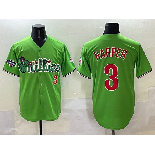 Boles  Philadelphia Phillies #3 Bryce Harper Light Green  Phanatic With 2024 Division Champions Patch Limited Stitched Jersey
