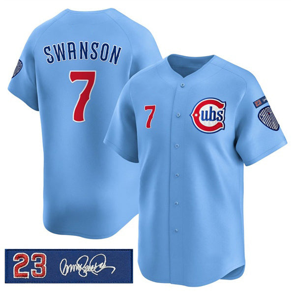 Boles  Chicago Cubs #7 Dansby Swanson Blue  'Ryne Sandberg Tribute' Vapor Limited V3 Stitched Jersey