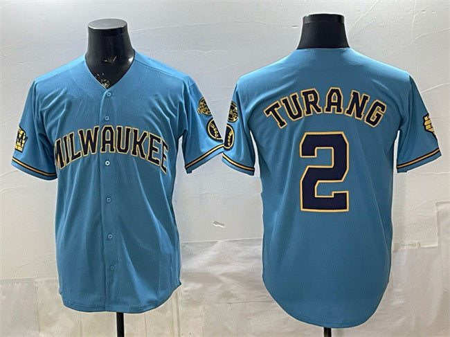 Boles    Milwaukee Brewers #2 Brice Turang Blue  With Home & Bob Uecker Patch Stitched Jersey