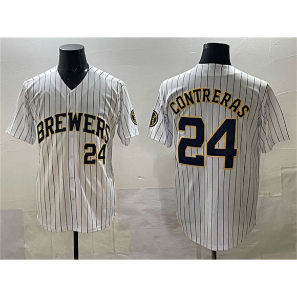 Boles    Milwaukee Brewers #24 William Contreras White  Pinstripe 2025 With Patch Stitched Stitched Jersey