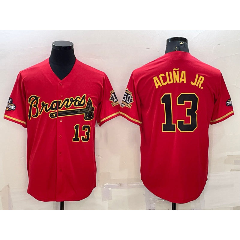 Boles Atlanta Braves #13 Ronald Acuna Jr Red Gold  World Series Champions Program Cool Base Stitched Jersey
