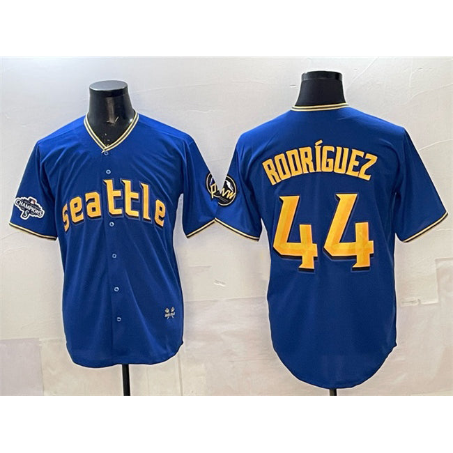 Boles Seattle Mariners #44 Julio Rodr¨ªguez Royal  With 2025 AL West Division Champions Patch City Connect Limited Stitched Jersey